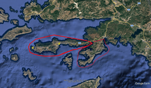 Uydu görüntüsü ile gösterilen, kırmızı çerçeve içinde yer alan adalar ve çevresindeki deniz alanı.