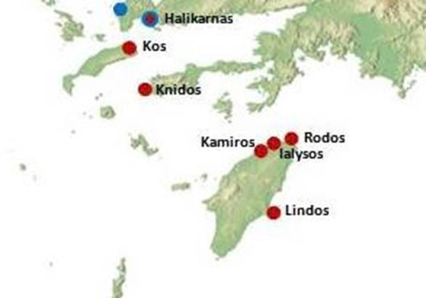 Ege Denizi'ndeki Halikarnas, Kos, Knidos, Rodos, Kamiro, Ialyos ve Lindos'un haritası
