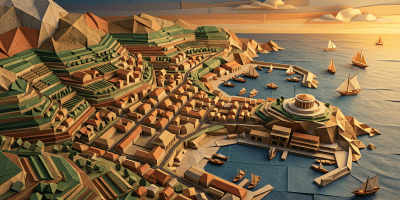Low-poly coastal town with terraced fields, harbor, sailboats, and waterfront rotunda