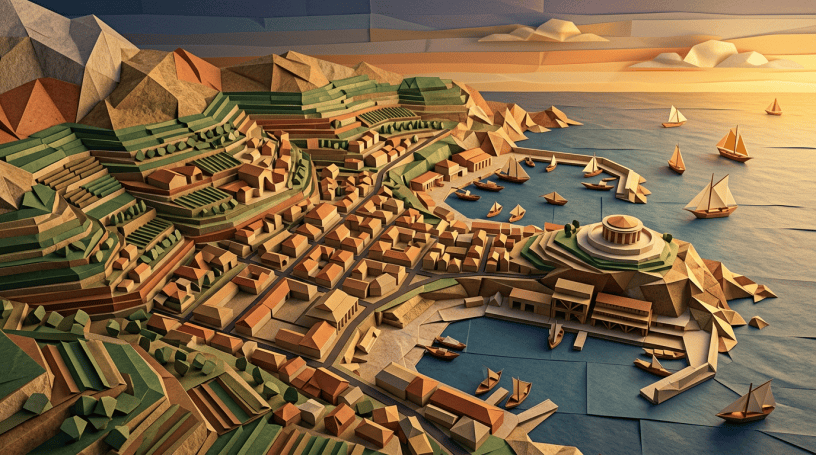 Low-poly coastal town with terraced fields, harbor, sailboats, and waterfront rotunda
