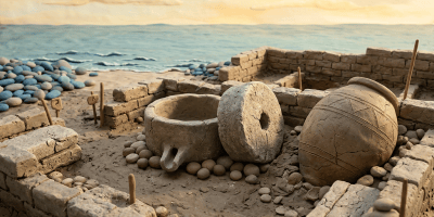 Ancient pottery and stone wheel in a seaside archaeological excavation