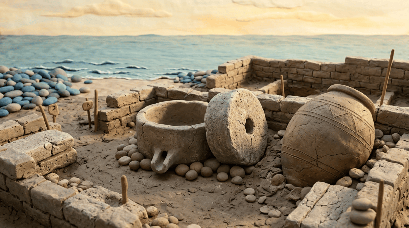 Ancient pottery and stone wheel in a seaside archaeological excavation