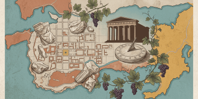 Illustrated map of an ancient city surrounded by vineyards and ruins