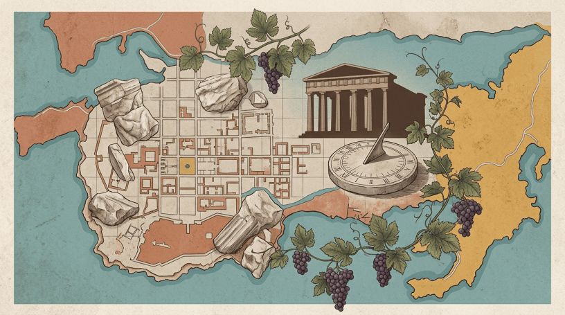 Illustrated map of an ancient city surrounded by vineyards and ruins